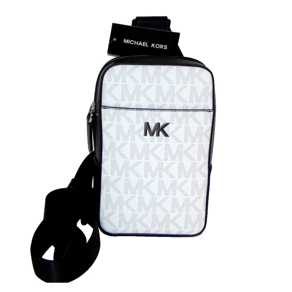 Michael Kors Small White MK Monogram Canvas Crossbody Bag Black Trim NWT